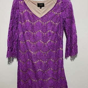 Alexa Admor Women's Purple V-Neck 3/4 Sleeve Floral Lace Midi Dress Size Small